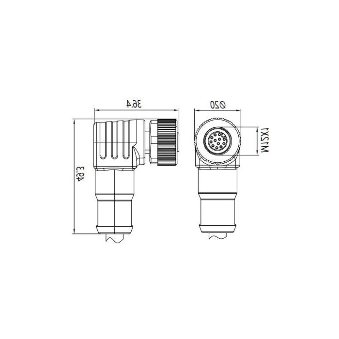 M12 12Pin, female 90°, single-end precast PVC non-flexible cable, gray sheathing, 64S493-XXX